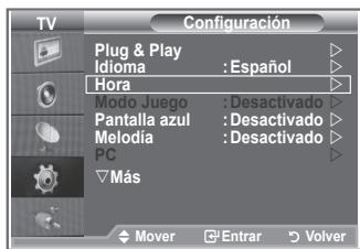 TV Configuración Plug & Play Idioma : Español Hora Modo Juego : Desactivado Pantalla azul : Desactivado Melodia : Desactivado PC ▼ Más Mover □ Entran ▶ Volver