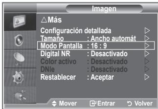 Imagen △ Más Configuración detallada Tamaño : Ancho automát Modo Pantalla : 16 : 9 Digital NR : Desactivado Color activo : Desactivado DNle : Desactivado Restablecer : Aceptar Mover Entrar Volver