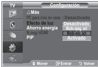 TV Configuración △Más PC para cine en casa : Desactivado Efecto de luz : Desactivado Ahorro energía Modo apag, act N.neg HDMI Modo enc, act PIP Activado Mover Entrar Volver