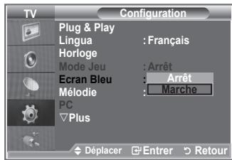 TV Configuration Plug & Play Lingua : Français Horloge Mode Jeu : Arrêt Ecran Bleu : Arrêt Mélodie : Marche PC Plus Déplacer Entrer Retour