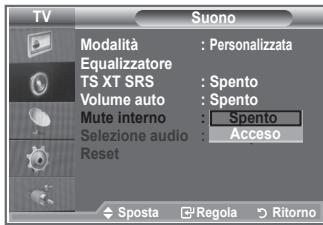 TV Suono Modalità : Personalizzata Equalizzatore TS XT SRS : Spento Volume auto : Spento Mute interno : Spento Selezione audio : Acceso Reset Sposta Regola Ritorno