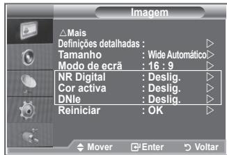 Imagem △Mais Definições detalhadas : Tamanho : Wide Automático> Modo de ecrã : 16 : 9 NR Digital : Deslig. Cor activa : Deslig. DNle : Deslig. Reiniciar : OK Mover Enter Voltar