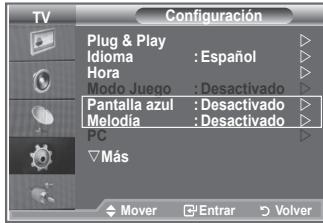 TV Configuración Plug & Play Idioma : Español Hora Modo Juego : Desactivado Pantalla azul : Desactivado Melodia : Desactivado PC ▼Más Mover □Entrar ▷Volver