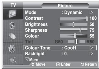 TV Picture Mode : Dynamic Contrast 100 Brightness 50 Sharpness 75 Colour 55 Tint G50 R50 Colour Tone : Cool1 Backlight : 0 More Move Enter Return