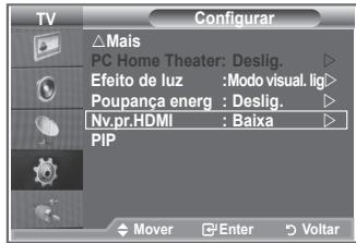 TV Configurar Mais PC Home Theater: Deslig. Efeito de luz :Modo visual. lig Poupanca energ : Deslig. Nv.pr.HDMI : Baixa PIP Mover Enter Voltar