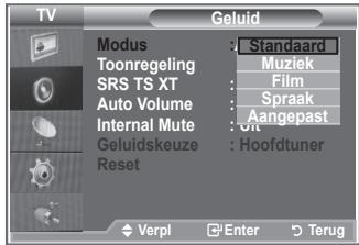 TV Modus : Standard Toonregeling : Muziek SRS TS XT : Film Auto Volume : Sprak Internal Mute : Aangepast Geluidskeuze : Go Reset : Hoofdtuner Verpl Enter Terug