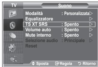 TV Suono Modalità : Personalizzata Equalizzatore TS XT SRS : Spento Volume auto : Spento Mute interno : Spento Selezione audio : Principale Reset Sposta Regola Ritorno