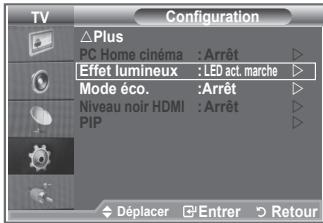 TV Configuration Plus PC Home cinéma : Arrêt Effet lumineux : LED act. marche Mode éco. :Arrêt Niveau noir HDMI : Arrêt PIP Déplacer Enterr Retour