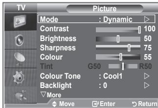 TV Picture Mode : Dynamic Contrast 100 Brightness 50 Sharpness 75 Colour 55 Tint G50 R50 Colour Tone : Cool1 Backlight : 0 More Move Enter Return