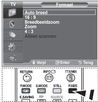 TV Auto breed 16 : 9 Breedbeeldzoom Zoom 4 : 3 Alleen scannen Verpl Enter Terug RETURN INFO TTX/MIX P.MODE S.MODE STILL P.SIZE E.SAVING PIP SOURCE