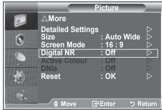 Picture △More Detailed Settings Size : Auto Wide Screen Mode : 16 : 9 Digital NR : Off Active Colour : Off DNle : Off Reset : OK Move Enter Return