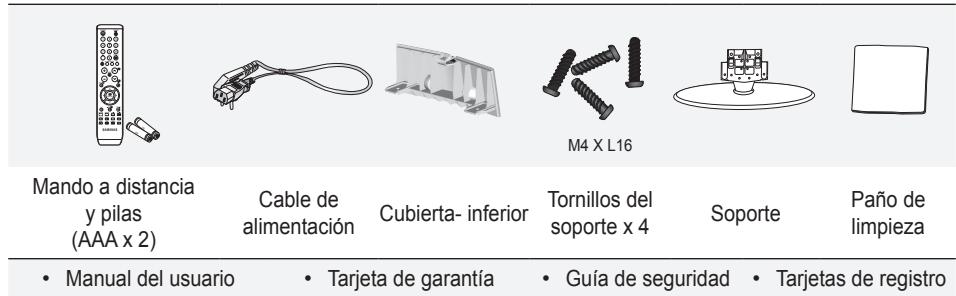 Mando a distancia y pilas (AAA x 2) Cable de alimentación Cubierta- inferior M4 X L16 Tornillos del soporte x 4 Soporte Paño de limpieza • Manual del usuario • Tarjeta de garantía • Guía de seguridad • Tarjetas de registro