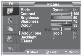 TV Picture Mode : Dynamic Contrast 100 Brightness 50 Sharpness 75 Colour 55 Tint G50 R50 Colour Tone : Cool1 Backlight : 0 More Move Enter Return
