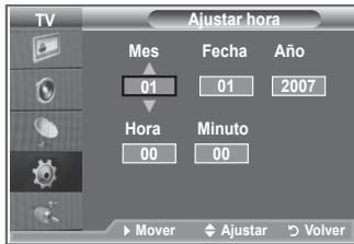 TV Ajustar hora Mes Fecha Año 01 01 2007 Hora Minuto 00 00 Mover ✓ Ajustar ✓ Volver