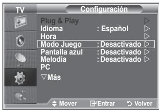 TV Configuración Plug & Play Idioma : Español Hora Modo Juego : Desactivado Pantalla azul : Desactivado Melodia : Desactivado PC ▼Más ◆ Mover □Entrar ○Volver