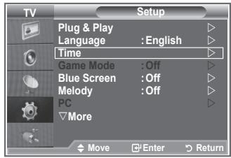 TV Setup Plug & Play Language : English Time Game Mode : Off Blue Screen : Off Melody : Off PC More Move Enter Return