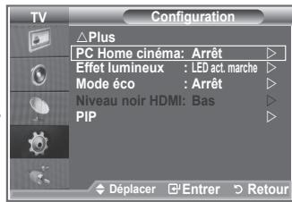 TV Configuration △Plus PC Home cinéma: Arrêt Effet lumineux : LED act. marche Mode éco : Arrêt Niveau noir HDMI: Bas PIP Déplacer Entrer Retour