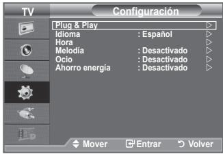 TV. Configuración. Plug & Play. Idioma: Español. Hora. Melodía: Desactivado. Ocio: Desactivado. Ahorro energía: Desactivado. Mover, Entrar, Volver