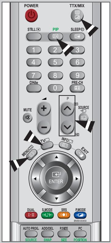 POWER TTX/MIX STILL PIP SLEEP 1 2 3 4 5 6 7 8 9 DNle 0 PRE-CH MUTE + - P SOURCE INFO EXIT MENUUTO TV ENTER DUAL S.MODE SRS P.MODE I-II BN99-00454 AUTO PROG. ADD/DEL P.SIZE PC SOURCE SWAP SIZE POSITION