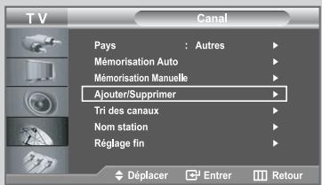 TV Canal Pays : Autres Mémorisation Auto Mémorisation Manuelle Ajouter/Supprimer Tri des canaux Nom station Réglage fin Déplacer Enter Retour