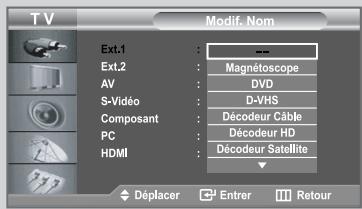 TV Modif. Nom Ext.1 Ext.2 AV S-Viséo Composant PC HDMI -- Magnétoscope DVD D-VHS Décodeur Câble Décodeur HD Décodeur Satellite Déplacer Entrer Retour