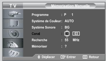 TV Mémorisation Manuelle Programme : P 1 Système de Couleur: AUTO Système Sonore : BG Canal : 03 Recherche : 55 MHz Mémoriser : ? Déplacer Enterr Retour