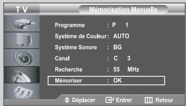 TV Mémorisation Manuelle Programme : P 1 Système de Couleur: AUTO Système Sonore : BG Canal : C 3 Recherche : 55 MHz Mémoriser : OK Déplacer Enterr Retour
