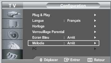 T V Configuration Plug & Play Langue : Français Horloge Verrouillage Parental Ecran Bleu : Arrêt Méodie : Arrêt PC Déplacer Entrer Retour