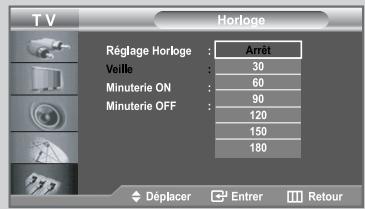 TV Horloge Réglage Horloge : Arrêt Veille : 30 Minuterie ON : 60 Minuterie OFF : 90 120 150 180 Déplacer Entrer Retour