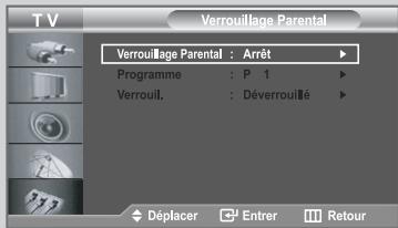 T V Verrouillage Parental Verrouillage Parental : Arrêt Programme : P 1 Verrouil. : Déverrouillé Déplacer Entrer Retour