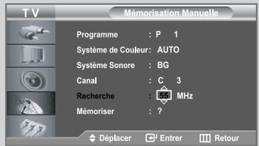 TV Mémorisation Manuelle Programme : P 1 Système de Couleur: AUTO Système Sonore : BG Canal : C 3 Recherche : 5.5 MHz Mémoriser : ? Déplacer Enterr Retour