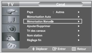 TV Canal Pays : Autres Mémorisation Auto Mémorisation Manuelle Ajouter/Supprimer Tri des canaux Nom station Réglage fin Déplacer Entrer Retour