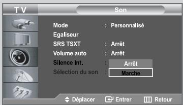 TV Son Mode : Personalisé Egaliseur SRS TSXT : Arrêt Volume auto : Arrêt Silence Int. : Arrêt Sélection du son : Marche Déplacer Enter Retour