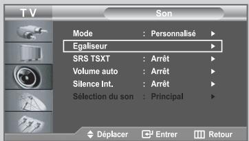 TV Son Mode : Personnalisé ▶ Egaliseur ▶ SRS TSXT : Arrêt ▶ Volume auto : Arrêt ▶ Silence Int. : Arrêt ▶ Sélection du son : Principal ▶ Déplacer 12 Entrer 1 Retour
