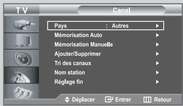TV Canal Pays : Autres Mémorisation Auto Mémorisation Manuelle Ajouter/Supprimer Tri des canaux Nom station Réglage fin Déplacer Entrer Retour