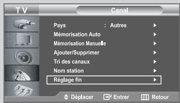 TV Canal Pays : Autres Mémorisation Auto Mémorisation Manuelle Ajouter/Supprimer Tri des canaux Nom station Réglage fin Déplacer Entrer Retour