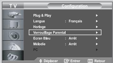 TV Configuration Plug & Play Langue : Français Hortoge Verrouillage Parental Ecran Bleu : Arrêt Mélodie : Arrêt PC Déplacer Entrer Retour