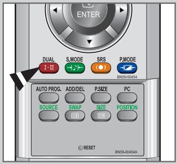 ENTER DUAL S.MODE SRS PMODE I-II BN59-00454 AUTO PROG. ADD/DEL P.SIZE PC SOURCE SWAP SIZE POSITION © RESET BN59-00454A