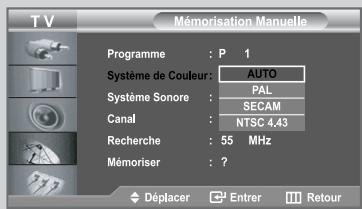 TV Mémorisation Manuelle Programme : P 1 Système de Couleur: AUTO Système Sonore : PAL Canal : SECAM Recherche : NTSC 4.43 55 MHz Mémoriser : ? Déplacer Enter Retour