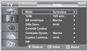TV Mode : Dynamique Taille : 16/9 auto NR numérique : Marche DNle Démo : Arrêt Contrôle Couleur Contraste Dynam. : Marche Capteur Luminos. : Arrêt PIP Déplacer Entrer Retour