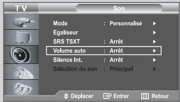 TV Son Mode : Personnalisé Egaliseur SRS TSXT : Arrêt Volume auto : Arrêt Silence Int. : Arrêt Sélection du son : Principal Déplacer Entrer Retour