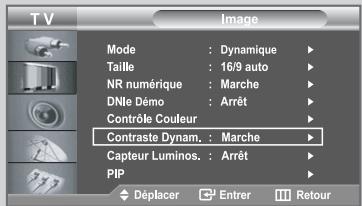 TV Image Mode : Dynamique Taille : 16/9 auto NR numérique : Marche DNle Démoc : Arrêt Contrôle Couleur Contraste Dynam. : Marche Capteur Luminos. : Arrêt PIP Déplacer Entrer Retour