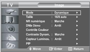 TV Image Mode : Dynamique Taille : 16/9 auto NR numérique : Marche DNle Démoc : Arrêt Contrôle Couleur Contraste Dynam. : Marche Capteur Luminos. : Arrêt PIP Move Enter Return
