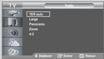 TV Taille 16/9 auto Large Panorama Zoom 4:3 Déplacer Entrer Retour