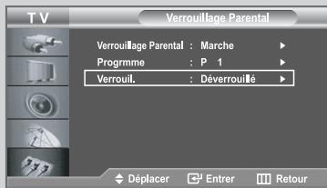 T V Verrouillage Parental Verrouillage Parental : Marche ▶ Programme : P 1 ▶ Verrouil. : Déverrouille ▶ Déplacer 3° Entrer Ⅲ Retour