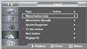 TV Canal Pays : Autres Mémorisation Auto Mémorisation Manuelle Ajouter/Supprimer Tri des canaux Nom station Réglage fin Déplacer Entrer Retour