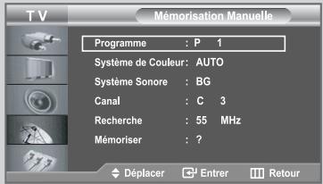 TV Mémorisation Manuelle Programme : P 1 Système de Couleur: AUTO Système Sonore : BG Canal : C 3 Recherche : 55 MHz Mémoriser : ? Déplacer Enterr Retour