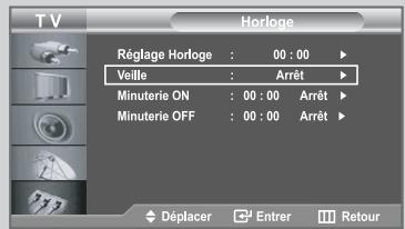 TV Horloge Réglage Horloge : 00 : 00 Veille : Arrêt Minuterie ON : 00 : 00 Arrêt Minuterie OFF : 00 : 00 Arrêt Déplacer Entrer Retour