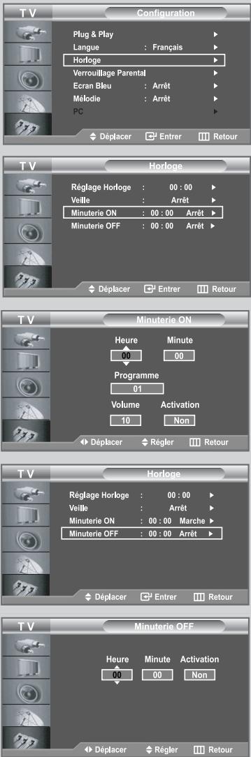 TV Configuration Plug & Play Langue : Français Horloge Verrouillage Parental Ecran Bleu : Arrêt Mélodie : Arrêt PC Déplacer Entrer Retour TV Horloge Réglage Horloge : 00:00 Veille : Arrêt Minuterie ON : 00:00 Arrêt Minuterie OFF : 00:00 Arrêt Déplacer Entrer Retour TV Minuterie ON Heure Minute 00 00 Programme 01 Volume Activation 10 Non Déplacer Régler Retour TV Horloge Réglage Horloge : 00:00 Veille : Arrêt Minuterie ON : 00:00 Marche Minuterie OFF : 00:00 Arrêt Déplacer Entrer Retour TV Minuterie OFF Heure Minute Activation 00 00 Non Déplacer Régler Retour