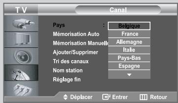 TV Canal Pays Mémorisation Auto Mémorisation Manuelle Ajouter/Supprimer Tri des canaux Nom station Réglage fin Belgique France Allemagne Italie Pays-Bas Espagne Déplacer Entrer Retour
